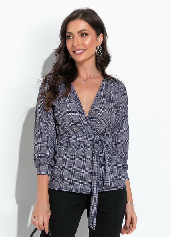 Vista 2 Blazer Xadrez Marinho com Faixa para Amarrar Moda Pop Moda Pop