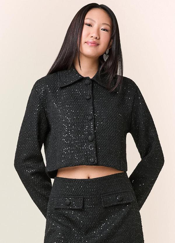 Jaqueta de Tweed Preta com Paetê Preto