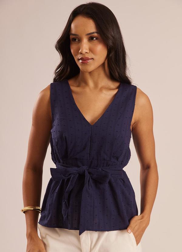 Blusa com Decote V e Faixa para Amarração Azul
