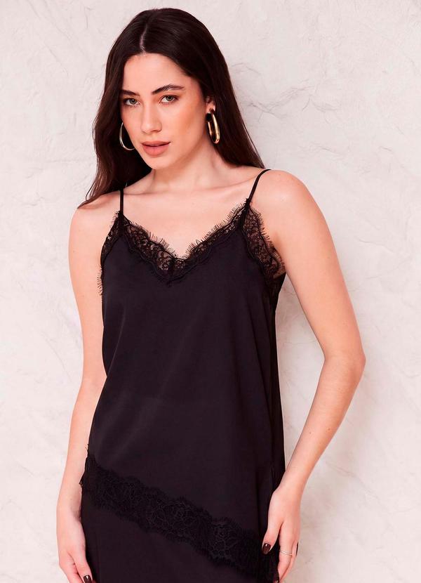 Blusa de Alça em Cetim com Renda Sunset Preto