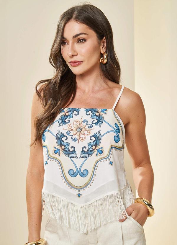 Vista 2 Blusa de Alça Fina Estampada Branco Doce Trama Doce Trama