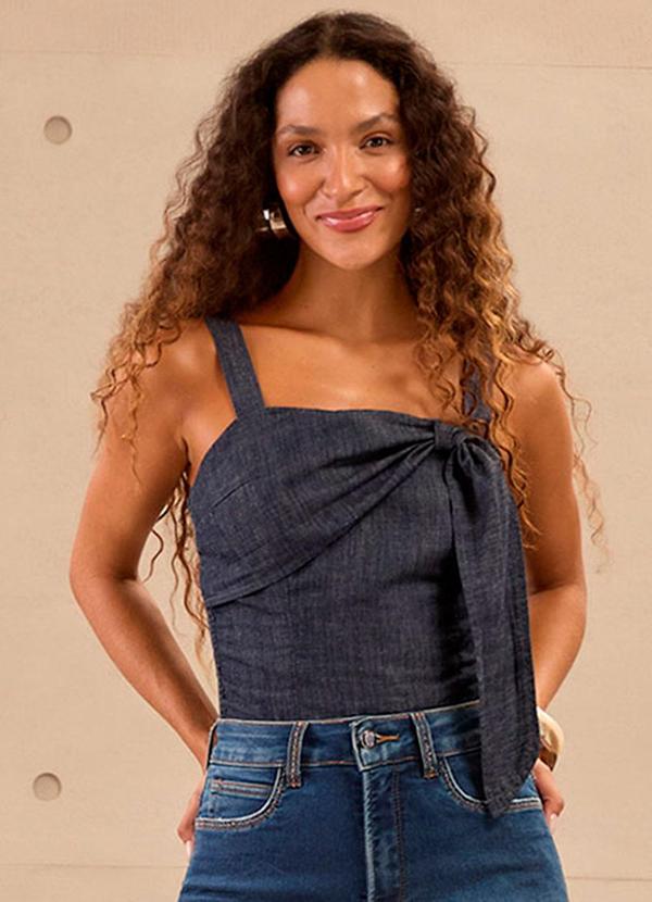 Vista 2 Blusa de Alças com Laço em Jeans com Linho Azul Lunender Lunender
