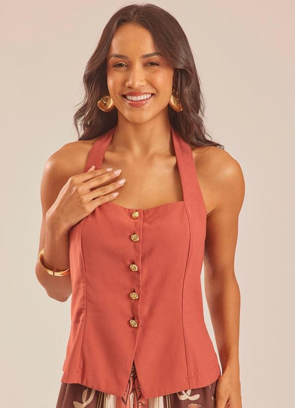 Blusa Frente Única em Sarja com Botões Laranja