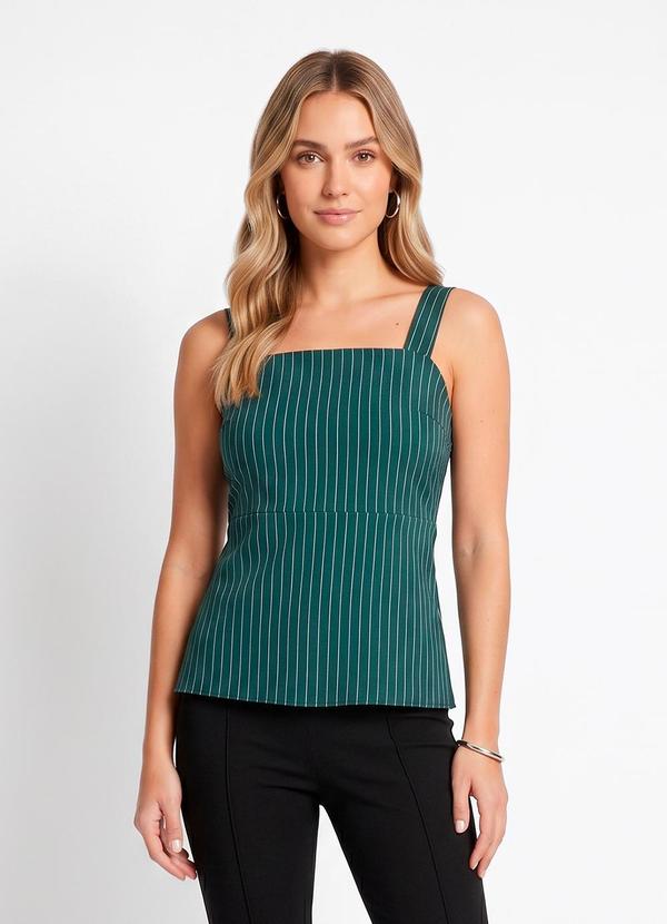Blusa de Alça Risca de Giz em Bengaline com Recorte na Cintura e Decote Reto
