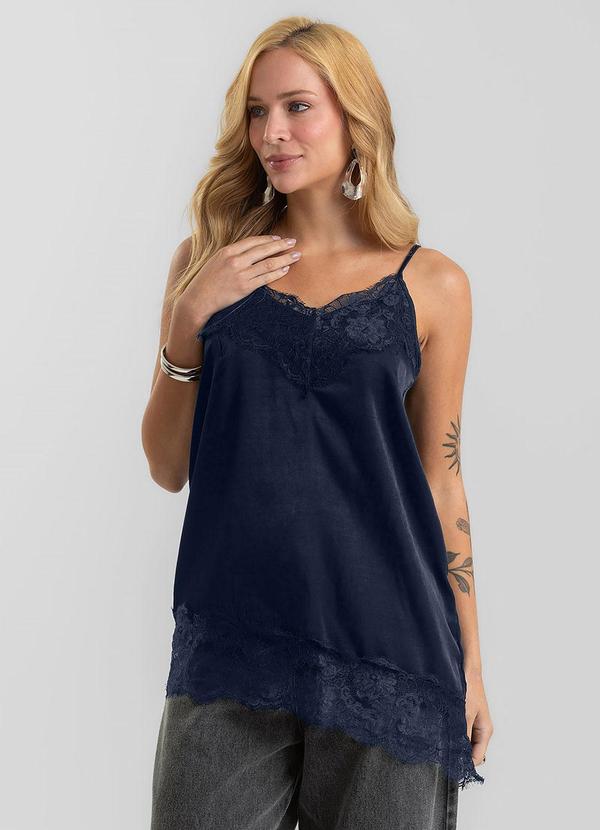 Regata Feminina em Slub Acetinado e Rendas Azul