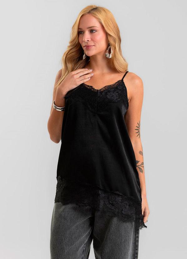 Regata Feminina em Slub Acetinado e Rendas Preto
