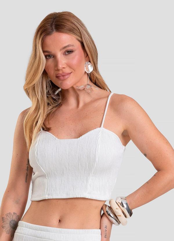 Top Cropped Feminino de Alça Texturizada Bege