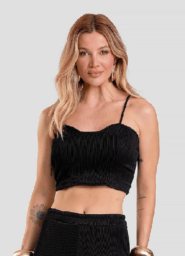 Top Cropped Feminino de Alça Texturizada Preto