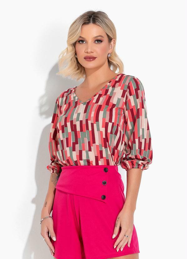 Vista 2 Blusa Abstrato Vermelho com Decote em V Moda Pop Moda Pop