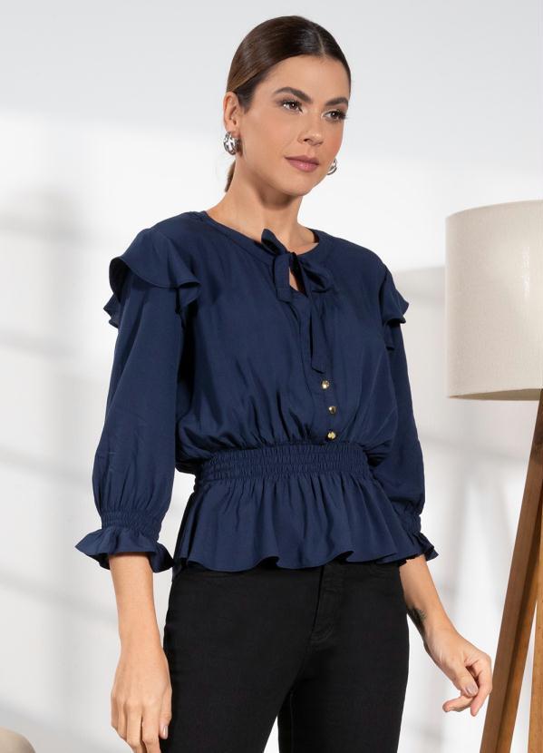 Vista 2 Blusa em Viscose Plana Marinho com Botões Quintess Quintess