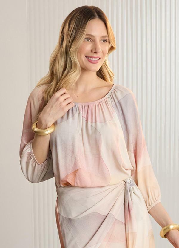 Blusa Estampada com Mangas 3/4 Rosa