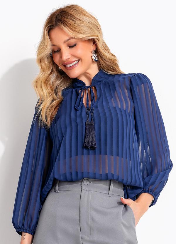 Blusa Listrado Azul em Voil Devorê de Poliéster