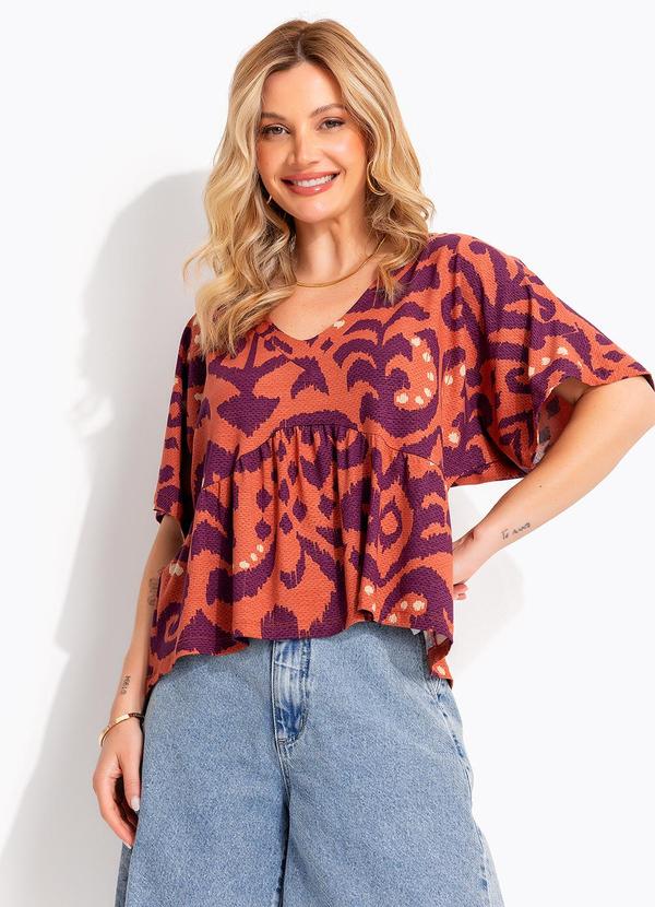 Blusa Abstrato Laranja em Malha de Viscose