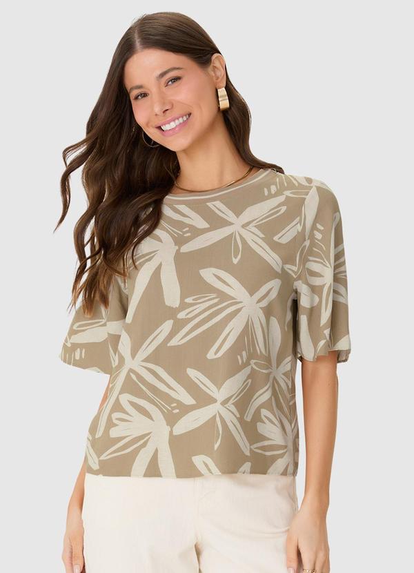 Blusa Ampla Floral em Viscolinho Areia