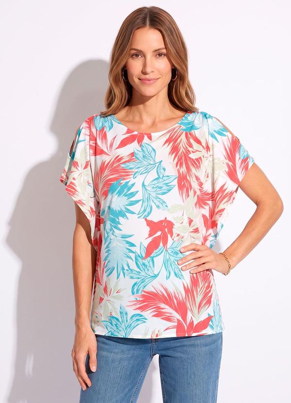 Blusa Ampla Mangas Morcego Folhagem Branco