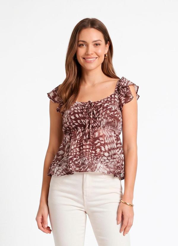 Blusa Peplum Animal Print Marrom em Chiffon com Babado nas Mangas