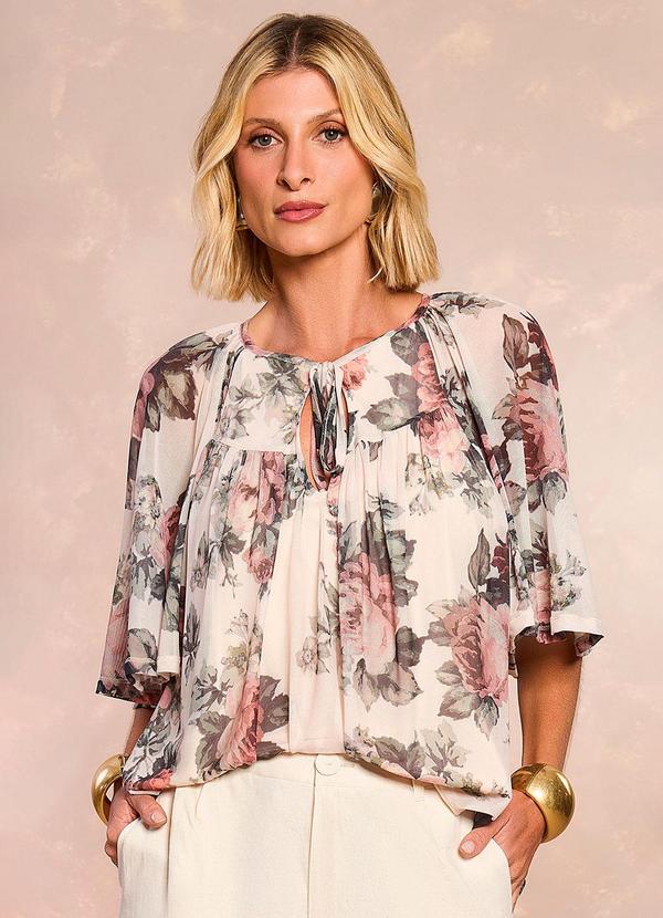 Blusa com Manga Aquarela Off White em Tule Estampado Floral