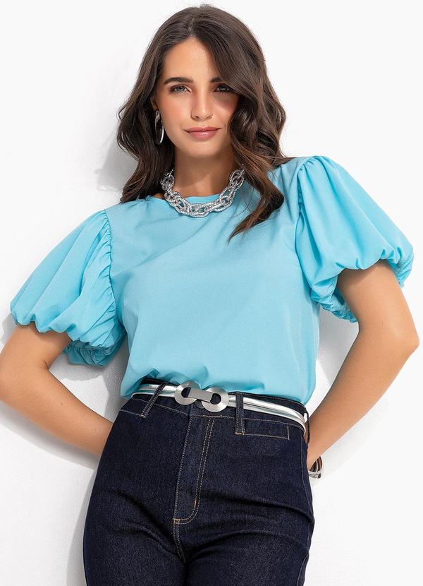 Vista 2 Blusa Azul Claro Balonê em Crepe Plano Quintess Quintess