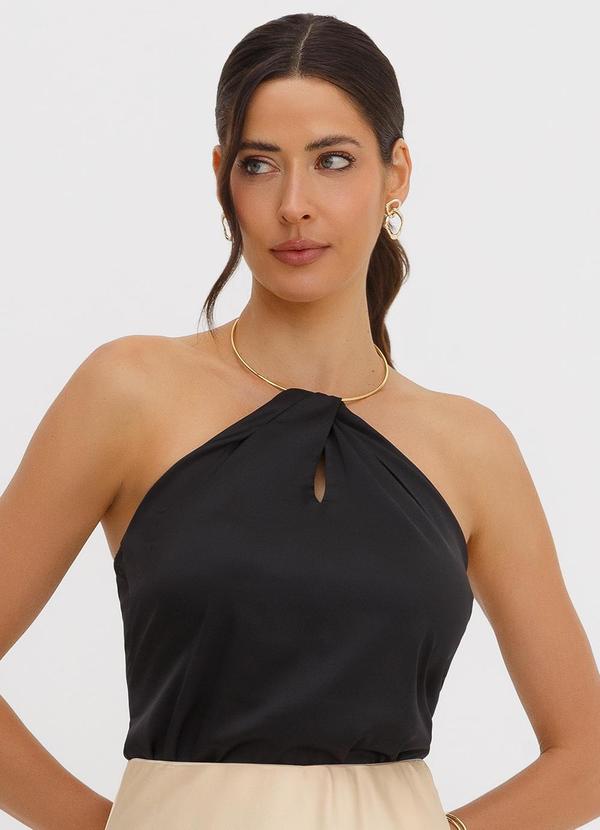 Vista 2 Blusa Cava Americana em Cetim Preto Mariane Principessa Principessa