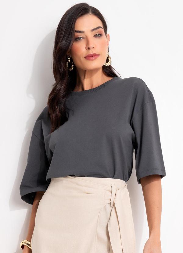 Vista 2 Blusa Cinza Escuro em Malha de Algodão Penteado Quintess Quintess