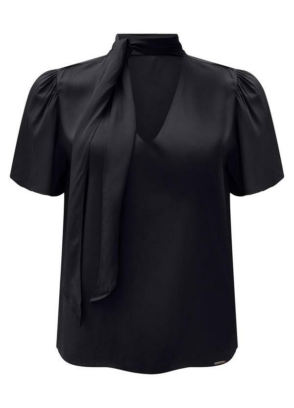 Blusa com Amarração e Decote em V Preto
