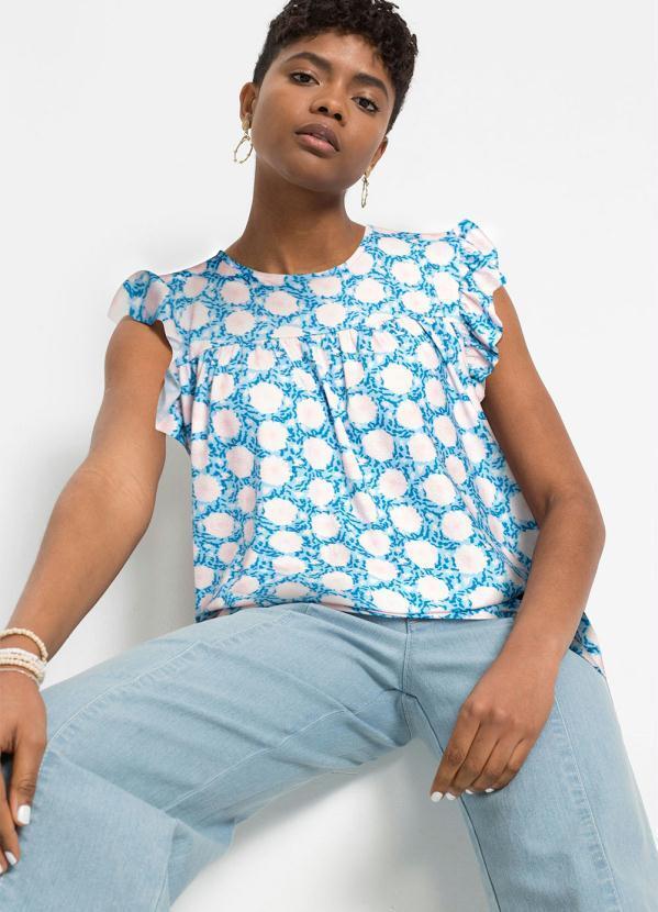 Vista 2 Blusa com Babado Decote Redondo Floral Azul bonprix bonprix