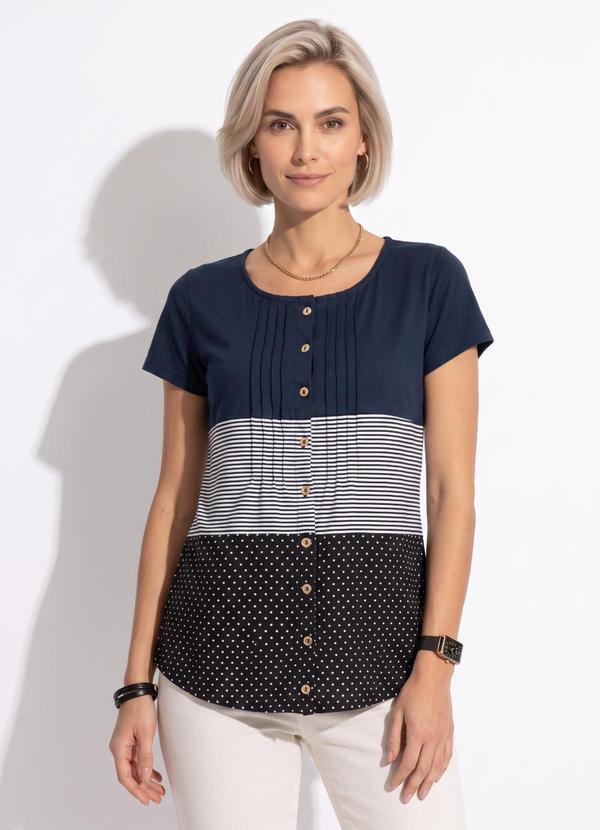 Blusa com Botões Frontais Listras e Marinho