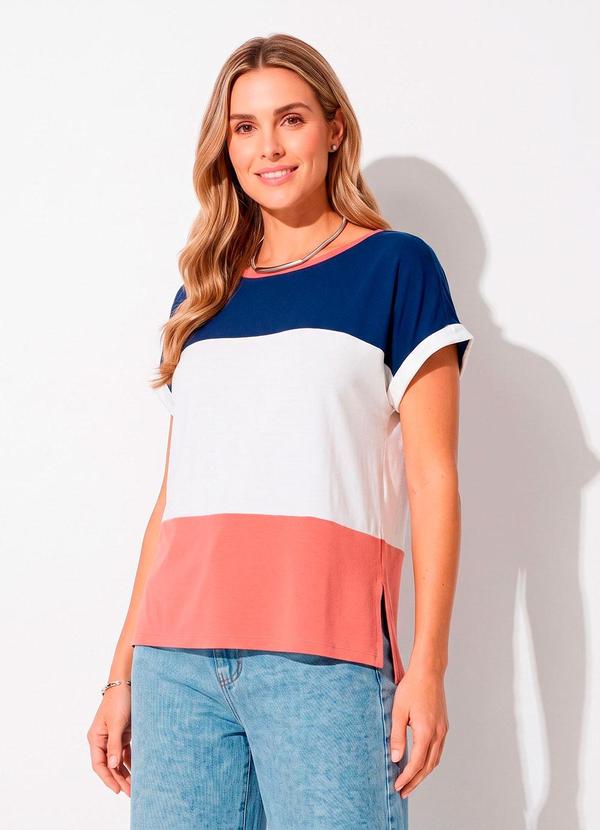 Blusa com Recortes Off White, Marinho e Rosa