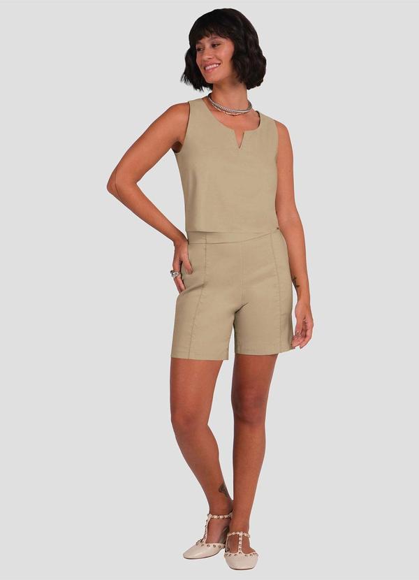 Blusa Cropped em Alfaiataria com Decote V Bege