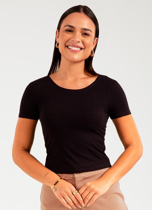 Vista 2 Blusa de Manga Curta Canelada Preto Cativa Cativa