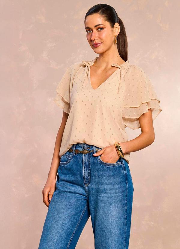 Blusa de Manga Curta Jardim Boho em Chiffon Bege