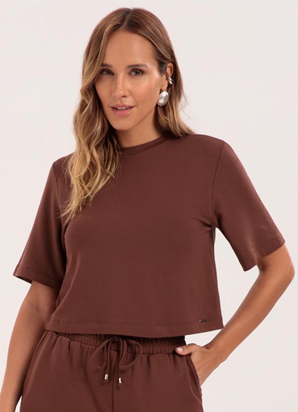 Blusa de Mangas Curtas Básica em Malha Marrom