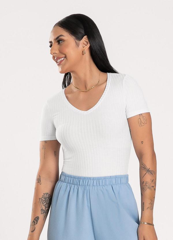 Vista 2 Blusa Decote V em Canelado Branco Cativa Cativa