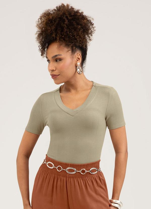 Blusa Decote V em Canelado Marrom Claro