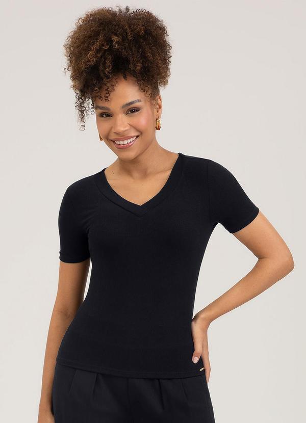 Blusa Decote V em Canelado Preto