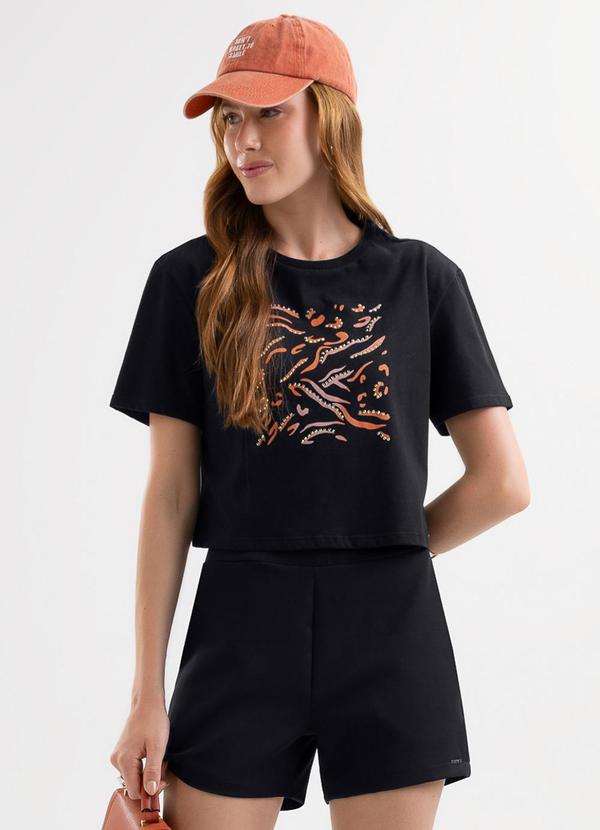 Blusa em Algodão com Aplicação Decorativa Preto