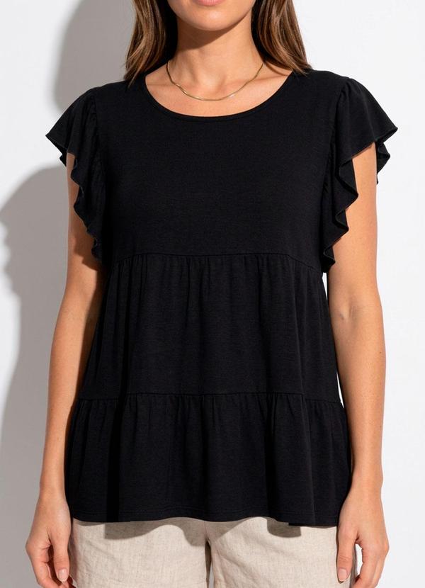 Blusa em Camadas Preta com Mangas Curtas