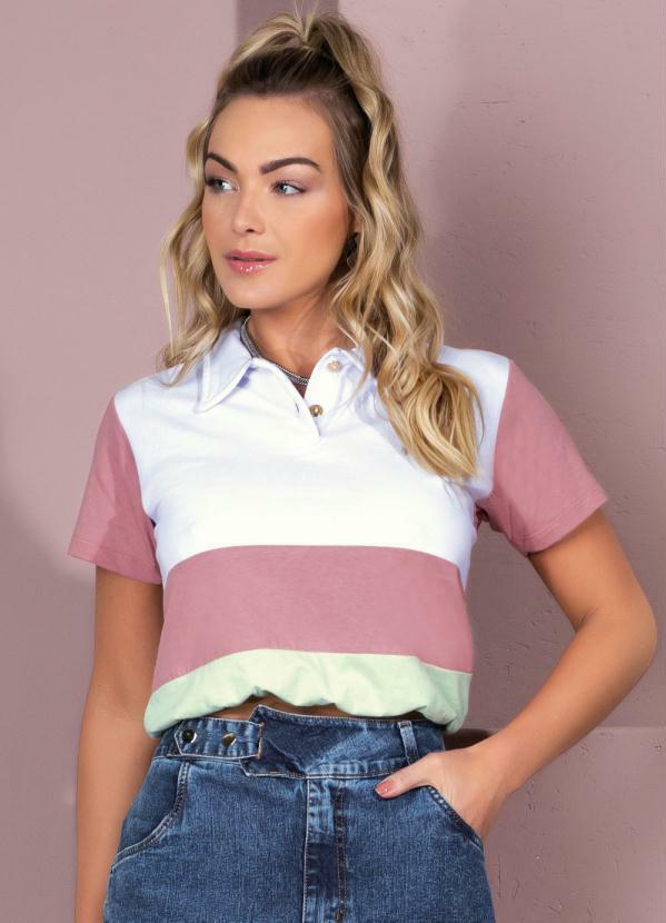 Vista 2 Blusa em Moletinho Branco, Rosa e Verde com Gola Quintess Quintess