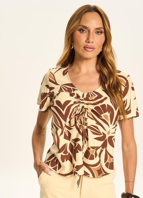 Blusa Estampada com Franzido e Amarração Amarelo