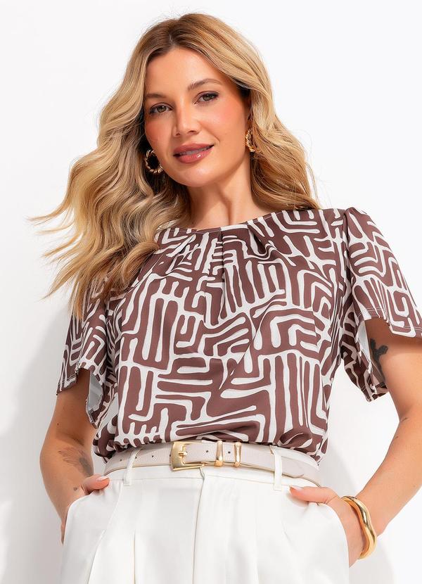 Vista 2 Blusa Feminina em Malha Fria Estampa Étnica Marrom com Pregas Quintess Quintess