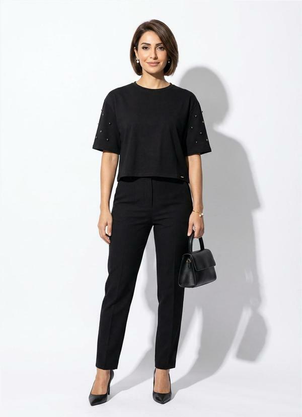 Vista 2 Blusa Feminina Aplicações de Pérolas Preto