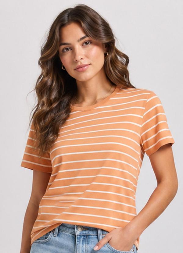Blusa Feminina Básica Cotton Listrado Marrom