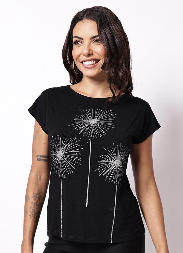 Blusa Feminina com Apliques Manga Curta Preta