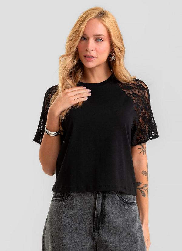Blusa Feminina Cotton e Manga de Renda Preto