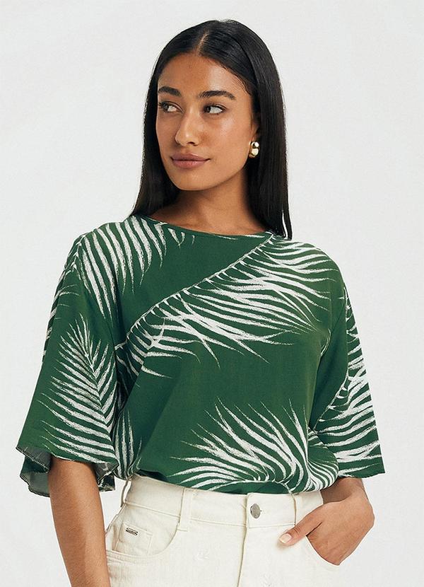 Vista 2 Blusa Feminina Curta Floral em Viscose Verde Marialícia Marialícia