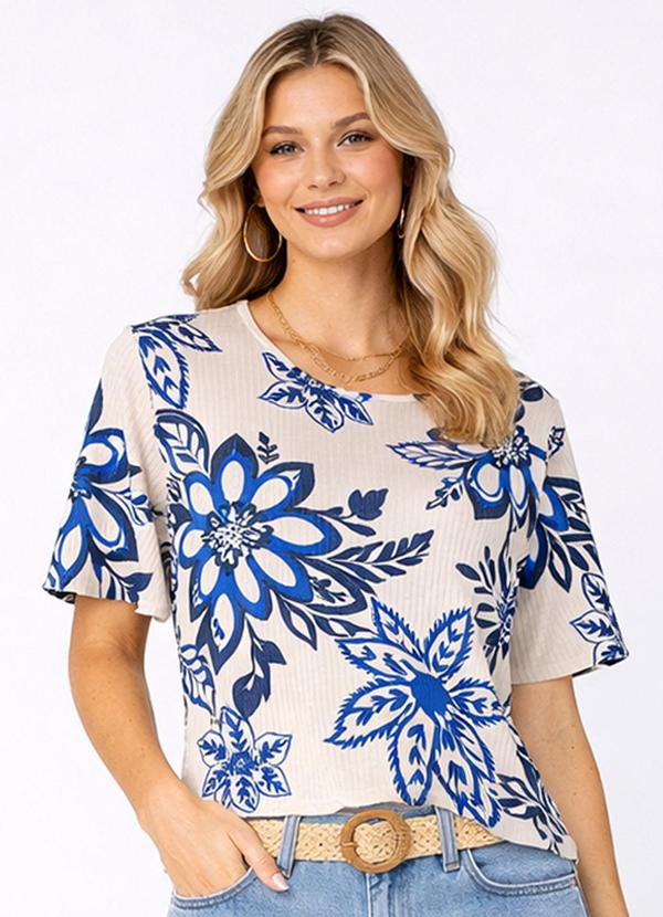Blusa Feminina em Ribana Estampada Bege