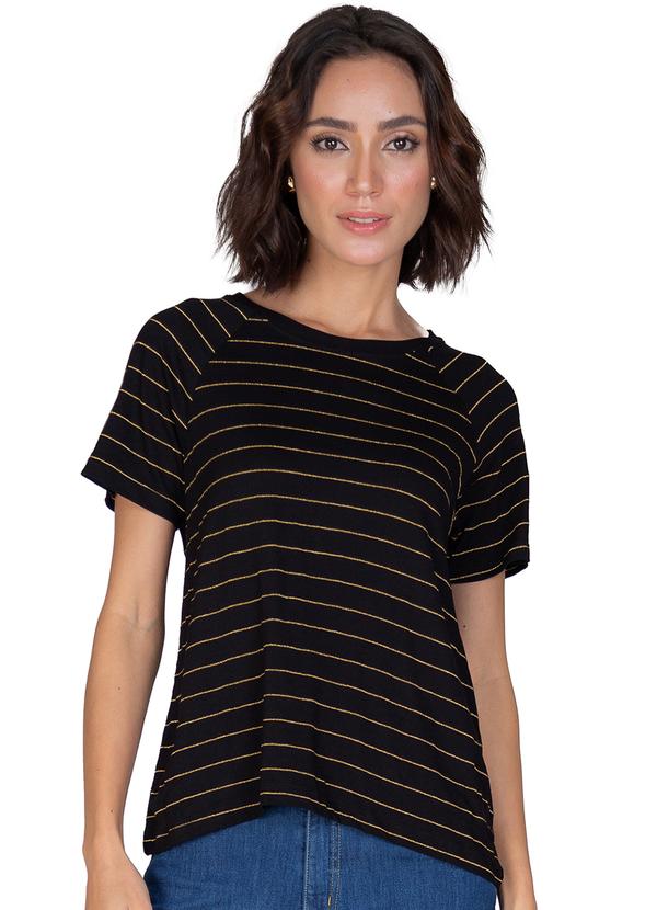 Blusa Feminina Manga Curta Estampa Lurex Listras Preto