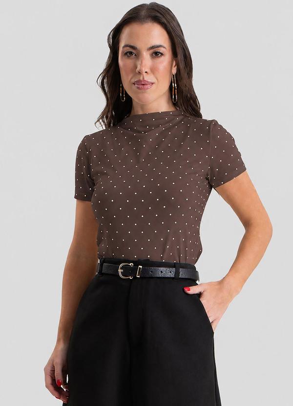 Blusa Feminina Gola Chaminé, Estampa Poá Marrom