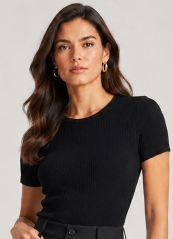Blusa Feminina Manga Curta Canelada Preto