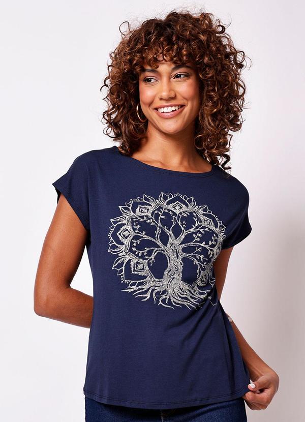Blusa Feminina Manga Curta com Strass Marinho